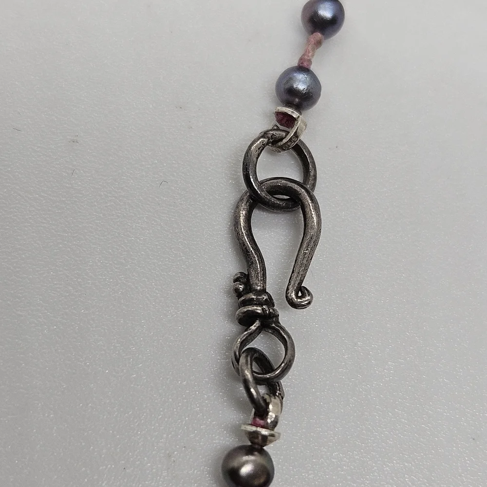 black pearls on pink cord choker with sterling silver clasp